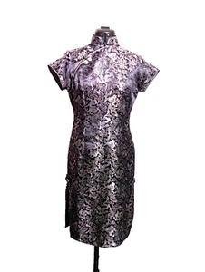 Vintage Dress Women Medium Qi Pao Pure Silk Black silver Floral Size 12 - Picture 1 of 23