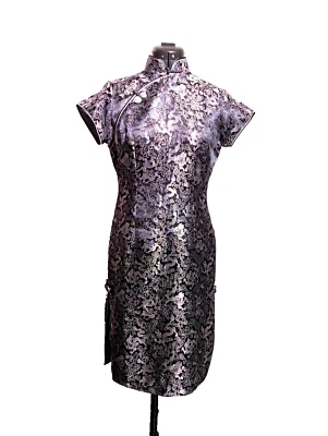 Vintage Dress Women Medium Qi Pao Pure Silk Black silver Floral Size 12 - Image 1 of 4