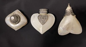 Set of 3 Mother of Pearl Shell Silver Trinket Snuff Boxes Pendants - India - Picture 1 of 16