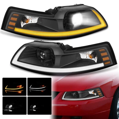BLK LED Projector Headlights w/Switchback Sequential For 1999-2004 Ford Mustang - Image 1 of 4