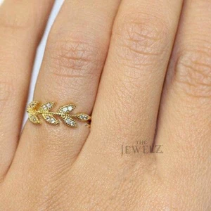 14K Gold 0.09 CT VS/F-G Diamond Leaf Feather Design Ring - The Jewelz - Picture 1 of 4