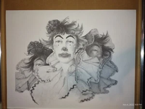 Large Black & White Clown Art by M Weston 22" x 17" - Picture 1 of 11