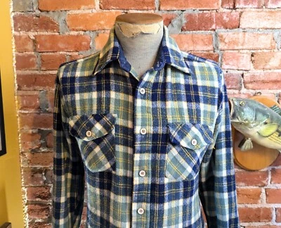 1970s Vintage Men's Kingsport Acrylic Blue & White Plaid Flannel Shirt - MEDIUM - Image 1 of 4