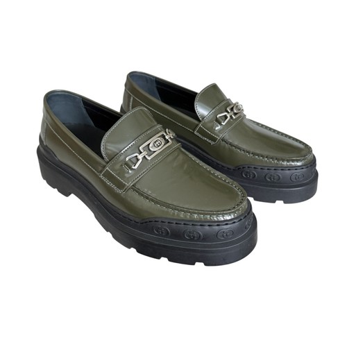 Scarpe mocassino Gucci 761519 Millenial Ribot mocassino in pelle verde taglie G 6 5 8 5