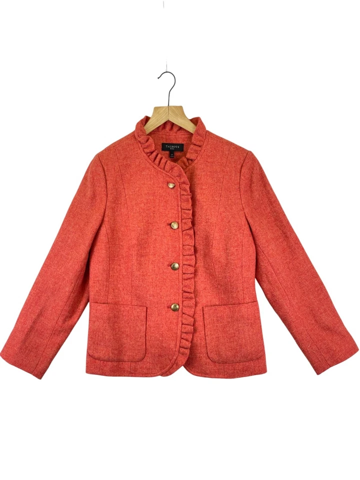 Женская куртка Talbots из шерстяной смеси 14P с коралловым воротником и оборками на пуговицах блейзер спереди - Изображение 1 из 4