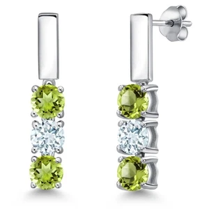 1.60 Ct Round Green Peridot Sky Blue Aquamarine 925 Sterling Silver Earrings - Picture 1 of 6