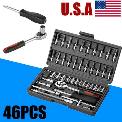 46PCS Socket Spanner Set 1/4" Drive Ratchet Wrench Set Extension Repair Tool - Image 1 of 4