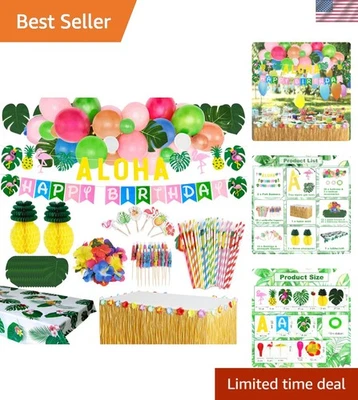 Paquete de decoración de fiesta de cumpleaños Aloha tropical: 135 artículos duraderos y resistentes a la decoloración Foto 1 de 4