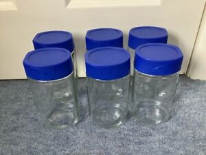 Bundle x 6 EMPTY  Glass Jars Blue  Lid Arts Craft Storage 15 cm high approx