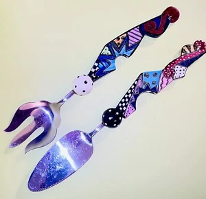 1980s Memphis Style Ceramic Studio Art Geometric Design Handle Serving Utensils - Picture 1 of 13