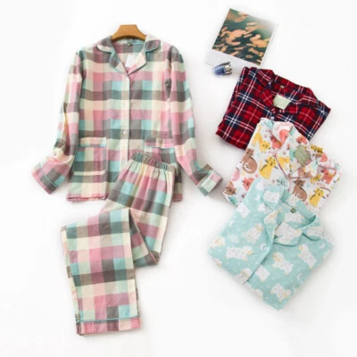 Conjunto de pijamas femininos 100% algodão flanela estampado botão 2 peças roupa íntima roupa íntima - Imagem 1 de 4