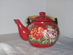 PIER 1 IMPORTS ORANGE WHITE PEONY FLORAL RED TEAPOT W/ BAMBOO HANDLE - Picture 1 of 3