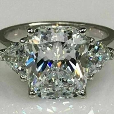 4CT Elongated Cushion Moissanite 3-Stone Engagement Ring 14k White Gold Plated - Image 1 of 4