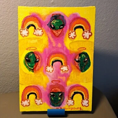 Multicolor acrylic & ink "Rainbows & Aliens" 5x7" canvas Limited 1/1 signed - Image 1 of 4