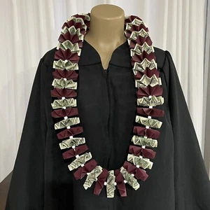 Graduation Money Lei 25 Crisp New Bills Folded Maroon Card stock W/white Beads - Picture 1 of 6