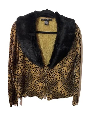 Cárdigan Madison Studio Vintage Cuello de Piel de Conejo Estampado de Guepardo Usado en Excelente Condición Talla Mediana Foto 1 de 4