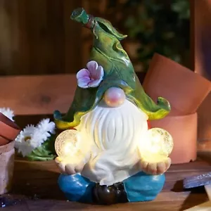 Solar Meditating Gnome Garden Statue with Crackle Globe Lights Patio Yard Decor - Picture 1 of 7