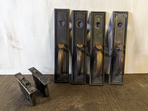 Antique Set of Art Deco 16 in. Bronze Door Pull &  original Mortise Lock VINTAGE Cover