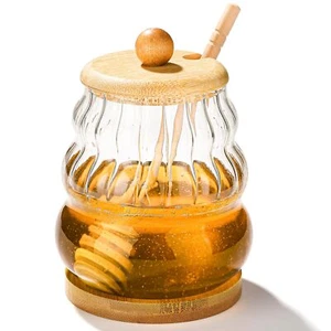 Glass Honey Pot Honey Jar witn Dipper and Wooden Lid Honey Dispenser for Home... - Picture 1 of 7