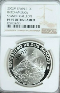 2002 SPAIN SILVER 10 EURO SPANISH GALLEON NGC PF 69 ULTRA CAMEO SCARCE TOP POP  - Picture 1 of 3