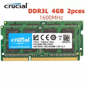 CRUCIAL DDR3 1600 MHz 8GB 2x 4GB PC3-12800 Laptop SODIMM Memory RAM PC3L DDR3L - Picture 1 of 10