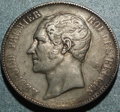 CORONA GRANDE 1849 Temprana Bélgica Talla ORIGINAL Plata "5 FRANCOS" 1er REY LEOPOLDO Foto 1 de 3
