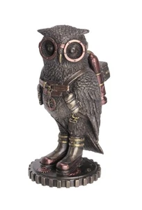 Cast Bronze Steampunk Fantasy Owl Hand Painted Jetpack Goggles Figurine Decor - Picture 1 of 3