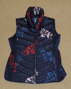 JOULES Larkhill Puffer Floral Print Collared Vest Women's Sz US 12 Navy Blue - Picture 1 of 7