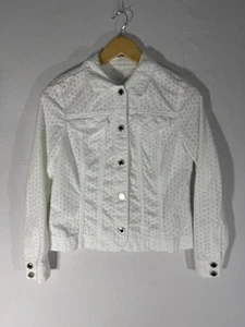CHARTER CLUB white eyelet jacket Faux pockets Stretch Button Cottage Core Nana - Picture 1 of 11