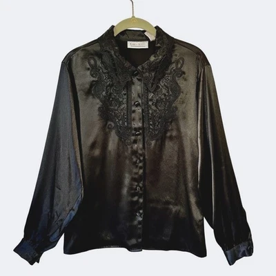 VTG Karen Scott Black Satin Embroidery Blouse SZ 8 Whimsy Goth Witchy Femme - Image 1 of 4