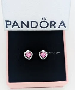 New 100% PANDORA 925 Pink Pave Heart Necklace Earrings Jewlery Gift Set B802601 - Picture 1 of 13