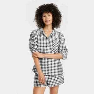 Auden Women's Check Flannel Long Sleeve Top & Shorts Pajama Set Black/White Med - Picture 1 of 10