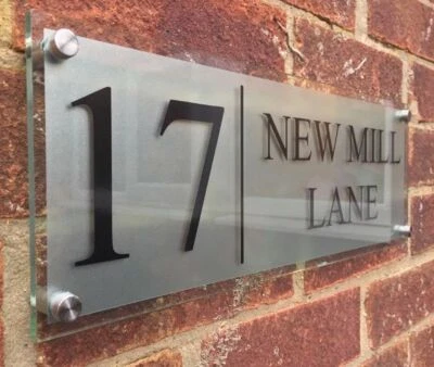 MODERN HOUSE SIGN PLAQUE DOOR NUMBER STREET FROSTED GLASS EFFECT ACRYLIC NAME XL - Image 1 of 2