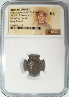 Констанций II Римская империя BI Nummus AE3/4 NGC AU Древний Epfig Клад Родословная - Изображение 1 из 4