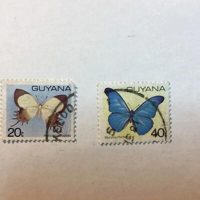 NANEE-B)GUYANA STAMP, BUTTERFLIES,# 282,20C, 285,40C, USED,NG ,T151.          - Image 1 of 3