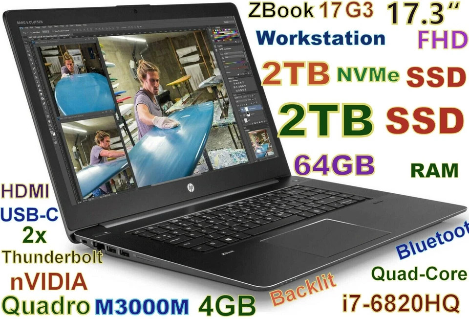 Workstation HP ZBook 17 G3 i7-6820HQ 4TB NVMe + SSD 64GB 17.3 Quadro M3000M 4GB - Image 1 of 4