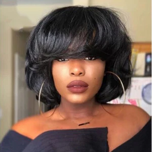 Short Yaki Wave Bob Human Hair Wigs With Bangs Full Machine Made O Scalp Top Wig - Picture 1 of 9