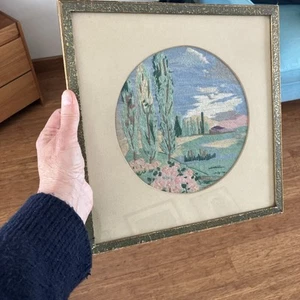 Vintage Embroidery Picture Mountains Cyprus Trees Flowers Framed VGC - Picture 1 of 4
