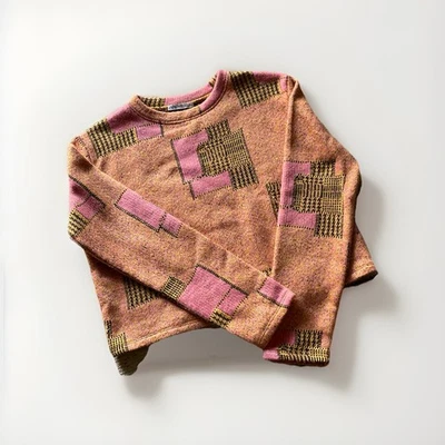 Suéter Recortado Zara Jacquard Talla M Rosa y Amarillo Estampado Geométrico Foto 1 de 2