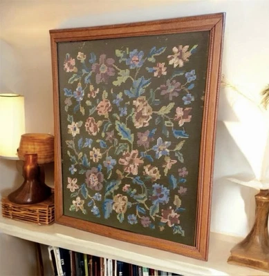 Vintage floral embroidered tapestry solid oak very heavy framed glass picture - Image 1 of 4