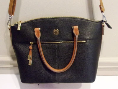 Ann Klein. Black & Tan Pebbled Faux Leather, Detachable CB/ Sh Strap Tote Bag - Image 1 of 4