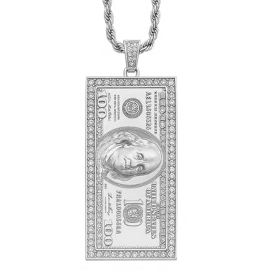 Colgante de billetes de $100 deslumbrante tono plata circonita cúbica con cadena de cuerda de plata de 24" Foto 1 de 3
