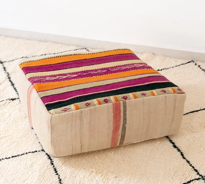 24x24 Moroccan Handmade Pouf Berber Kilim Rug Multicolor Floor Cushion Footstool - Image 1 of 4