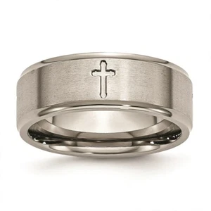 Titanium Ridged Edge Cross 8mm Brushed and Polished Band - Picture 1 of 26