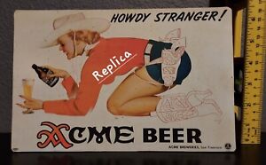 Acme Beer Cardboard  Counter Top Sign With Cowgirl With Bottle In Hand By Petty