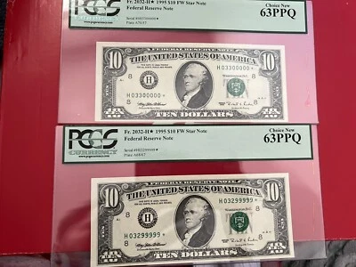 Fancy Serial Number (2) $10 1995  Rollover Pair 99999 00000 Star Note 63 PPQ - Image 1 of 4