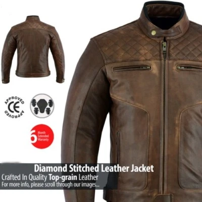 Leather Motorbike Men's Motorcycle Jacket Touring Brown With Genuine CE Biker Ar - Image 1 of 4