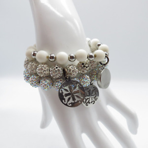 3Pcs Rustic Cuff Women Beaded Stretch Bracelet 7" White AB Rhinestones Beads *