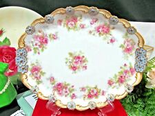 Limoges France painted plate PINK ROSES embossed flowers vanity tray 1920s