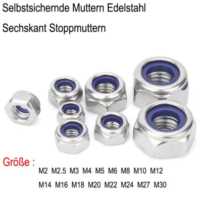 Selbstsichernde Muttern Edelstahl Sechskant Stoppmuttern M2 M2.5 M3 M4 M5 M6-M30 - Bild 1 von 4